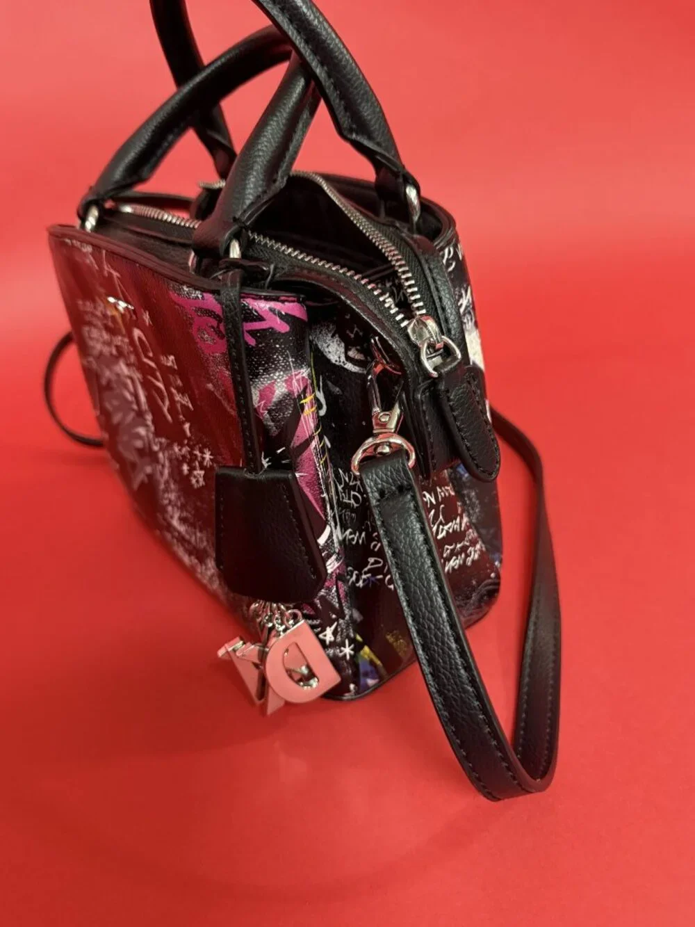 DKNY Graffiti Print Mini Satchel Crossbody Bag Black NYC Street Art Purse